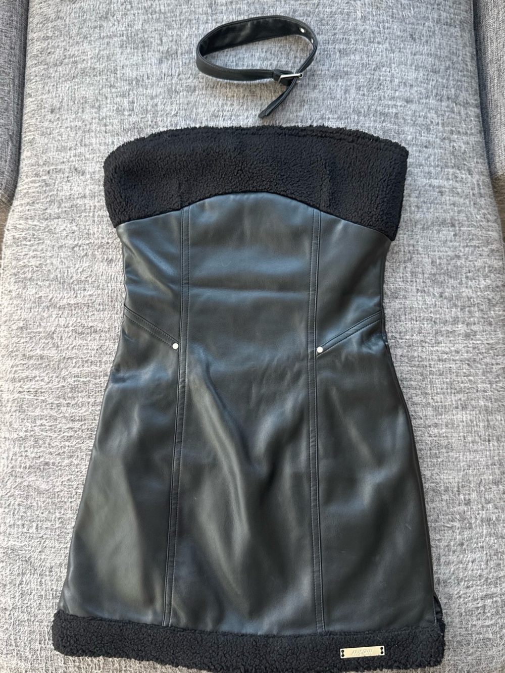 Agam Faux Leather Teddy Trim Strapless Mini Dress + Matching Choker